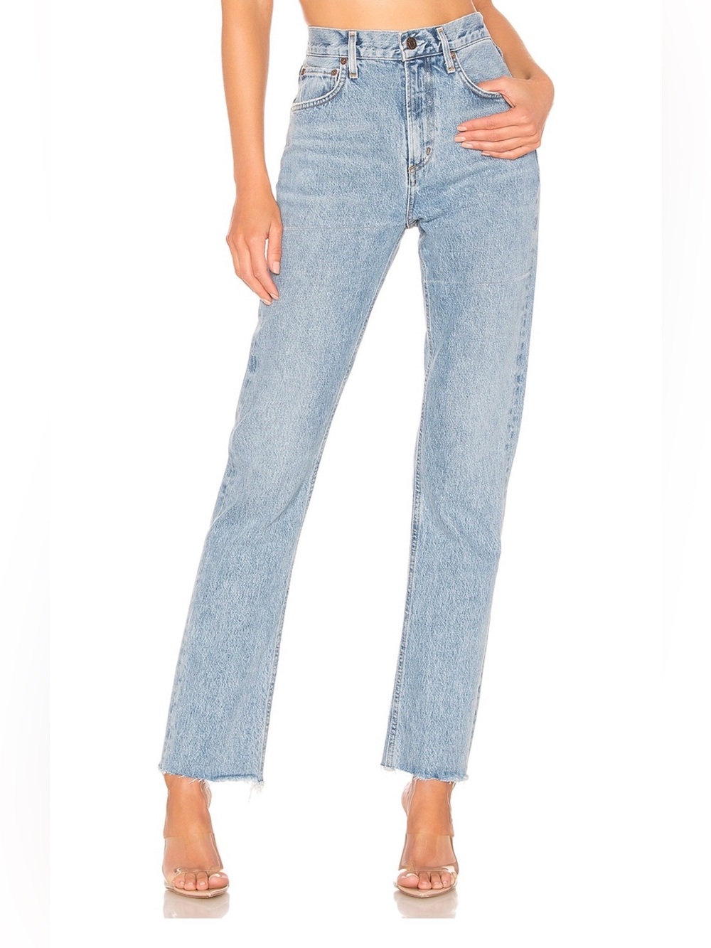 Agolde High Rise Straight Jeans in Light Wash Blue